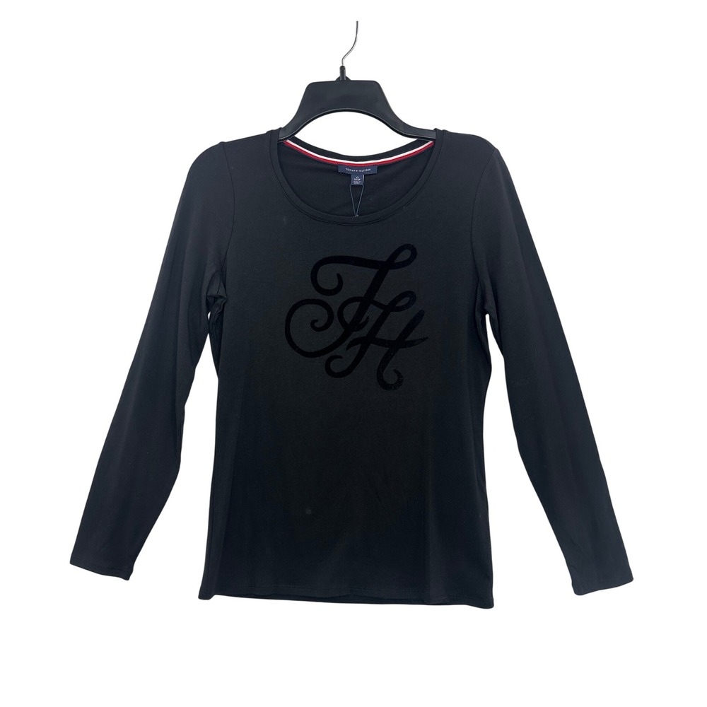 Tommy Hilfiger Long Sleeve Top Velvet Logo Crew Neck Tee Shirt XS